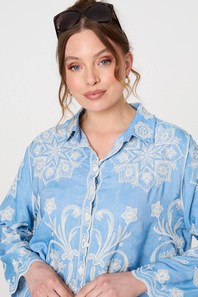 Embroidered Texture Scalloped Hem Shirt