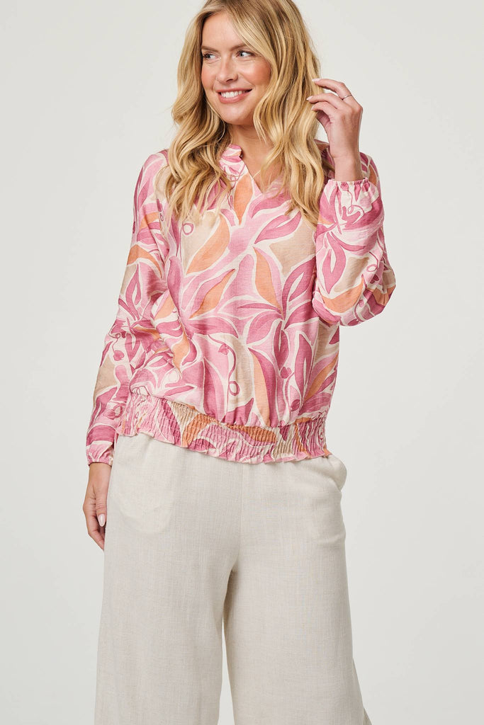 Floral Shirred 3/4 Sleeve V-Neck Blouse