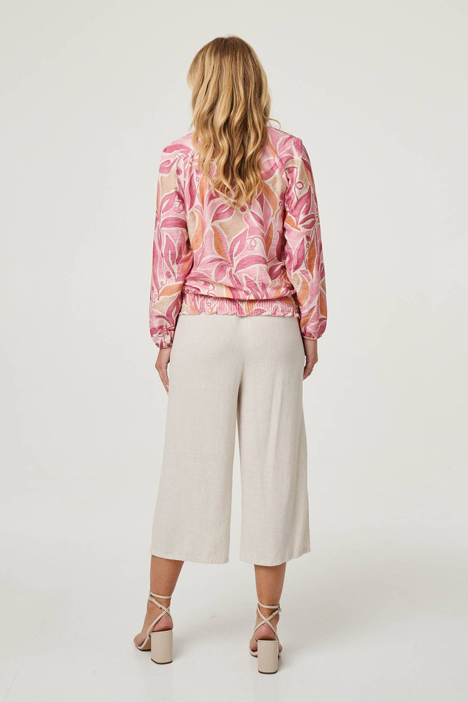 Floral Shirred 3/4 Sleeve V-Neck Blouse