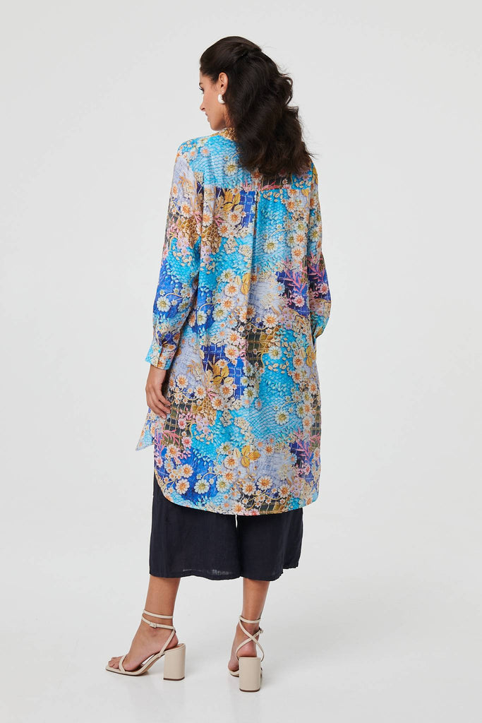 Floral Long Sleeve Longline Tunic Shirt