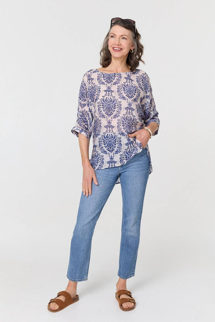 Baroque Print 3/4 Sleeve Relaxed Blouse