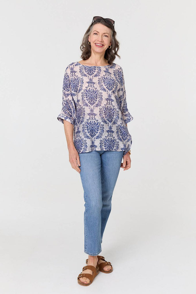Baroque Print 3/4 Sleeve Relaxed Blouse