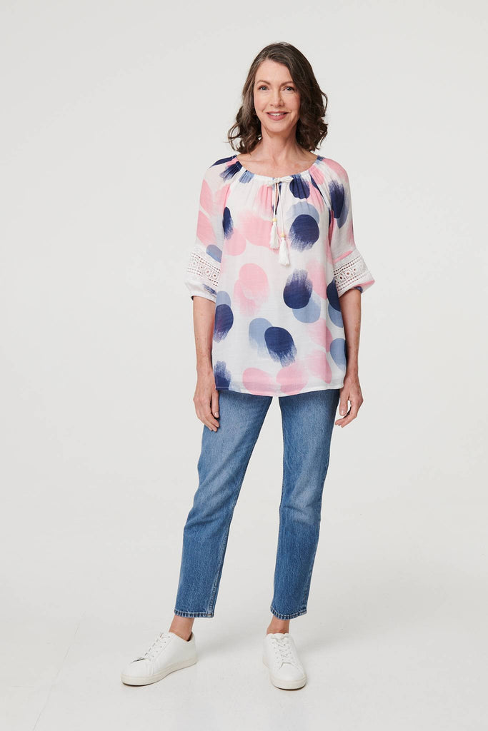 Printed Lace Trim Tassel Front Blouse
