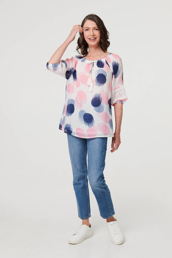 Printed Lace Trim Tassel Front Blouse