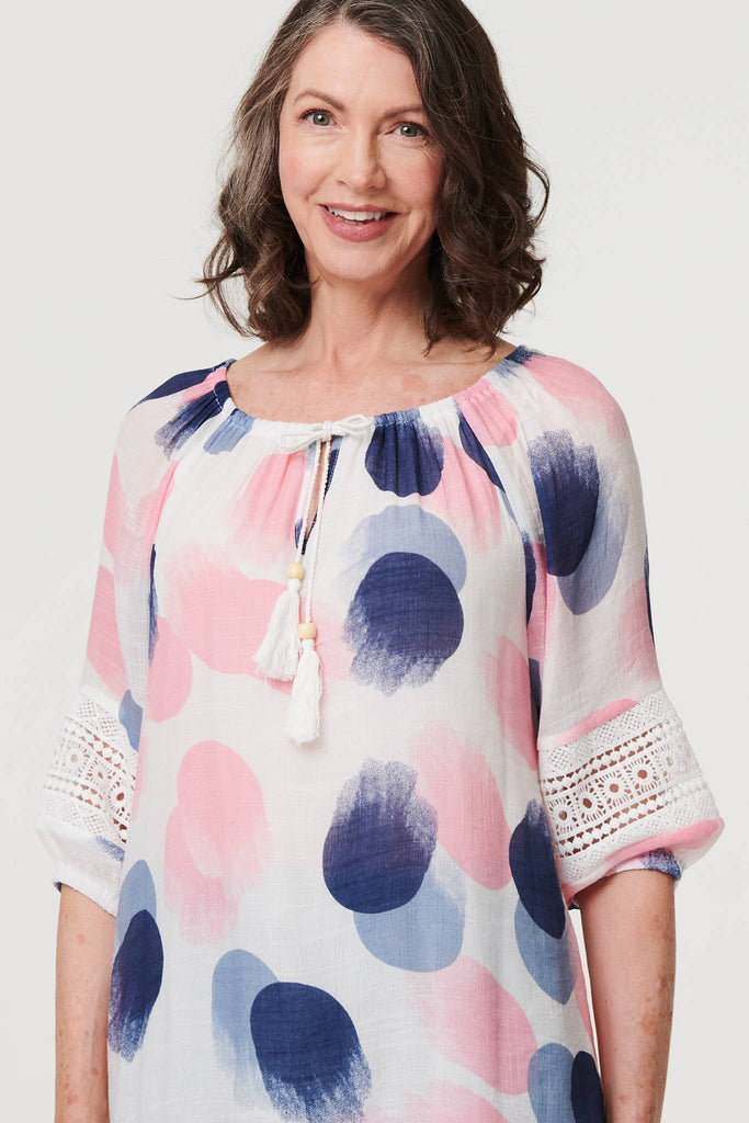 Printed Lace Trim Tassel Front Blouse
