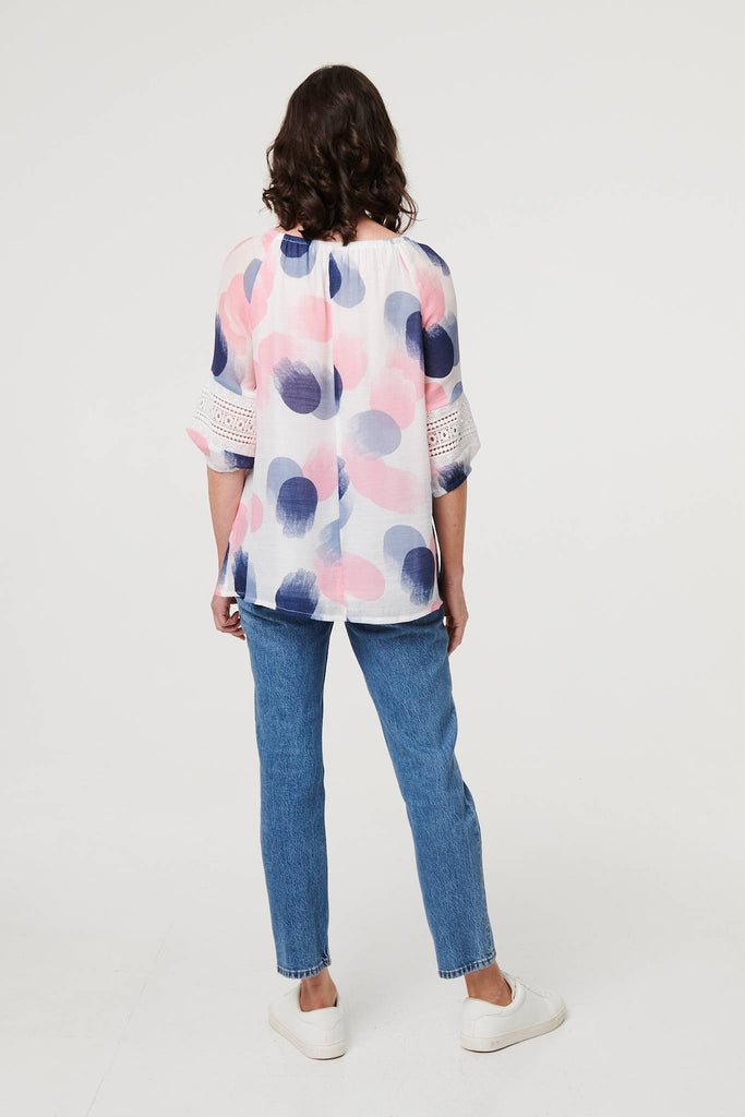 Printed Lace Trim Tassel Front Blouse