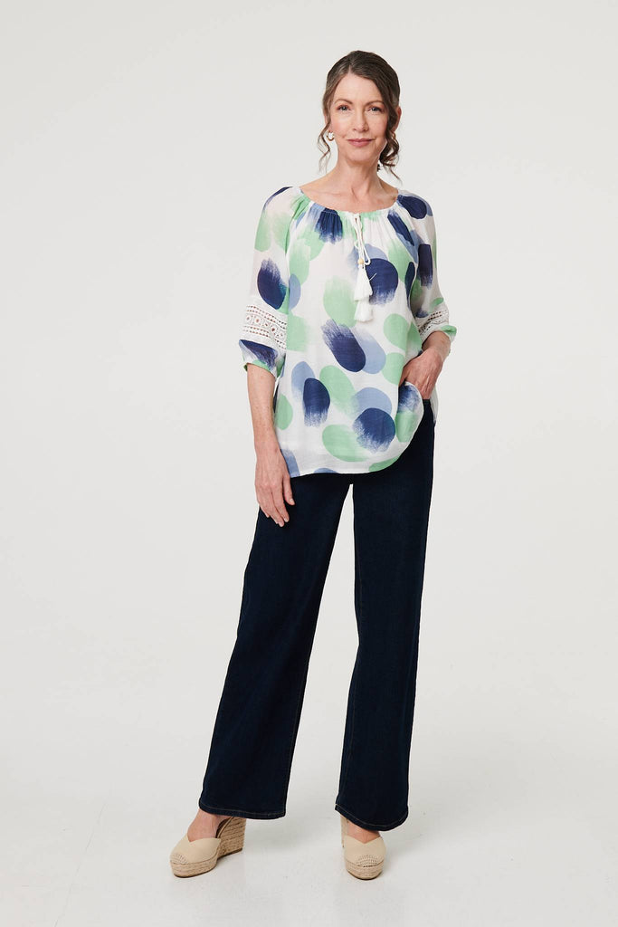 Printed Lace Trim Tassel Front Blouse
