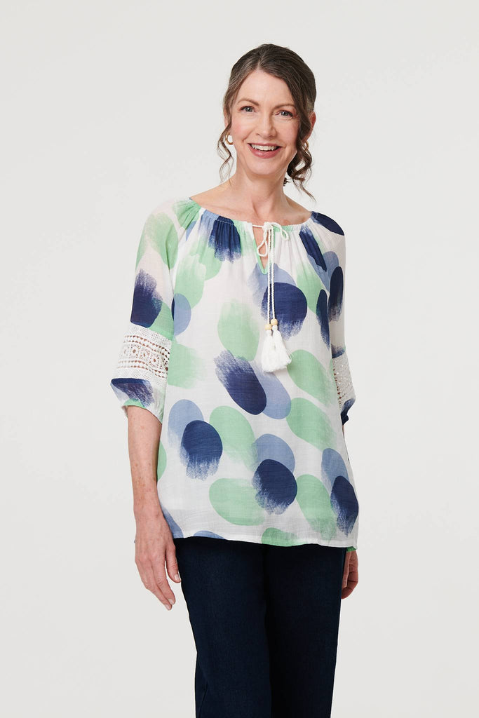 Printed Lace Trim Tassel Front Blouse