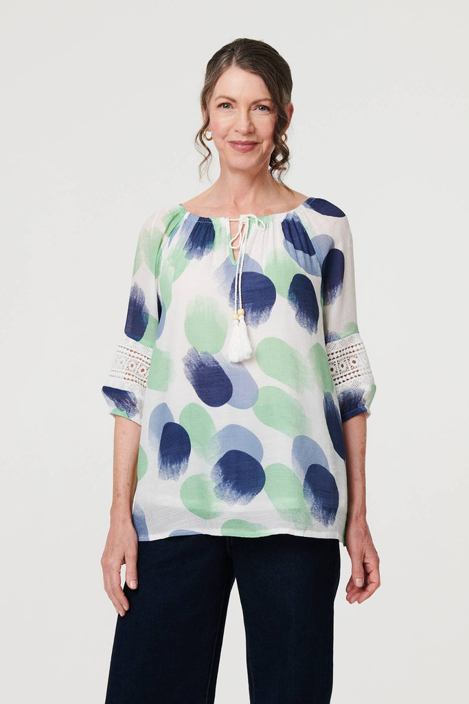 Printed Lace Trim Tassel Front Blouse