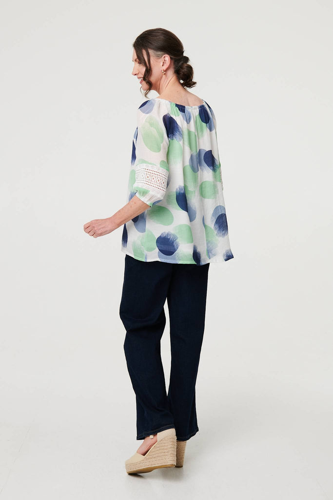 Printed Lace Trim Tassel Front Blouse