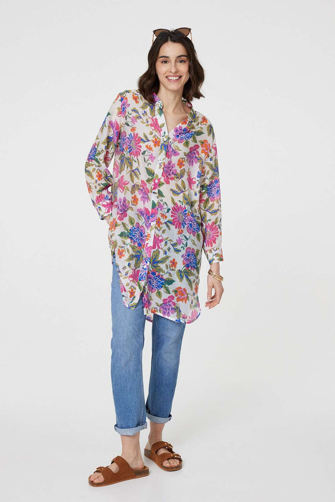 Floral Long Sleeve Longline Blouse