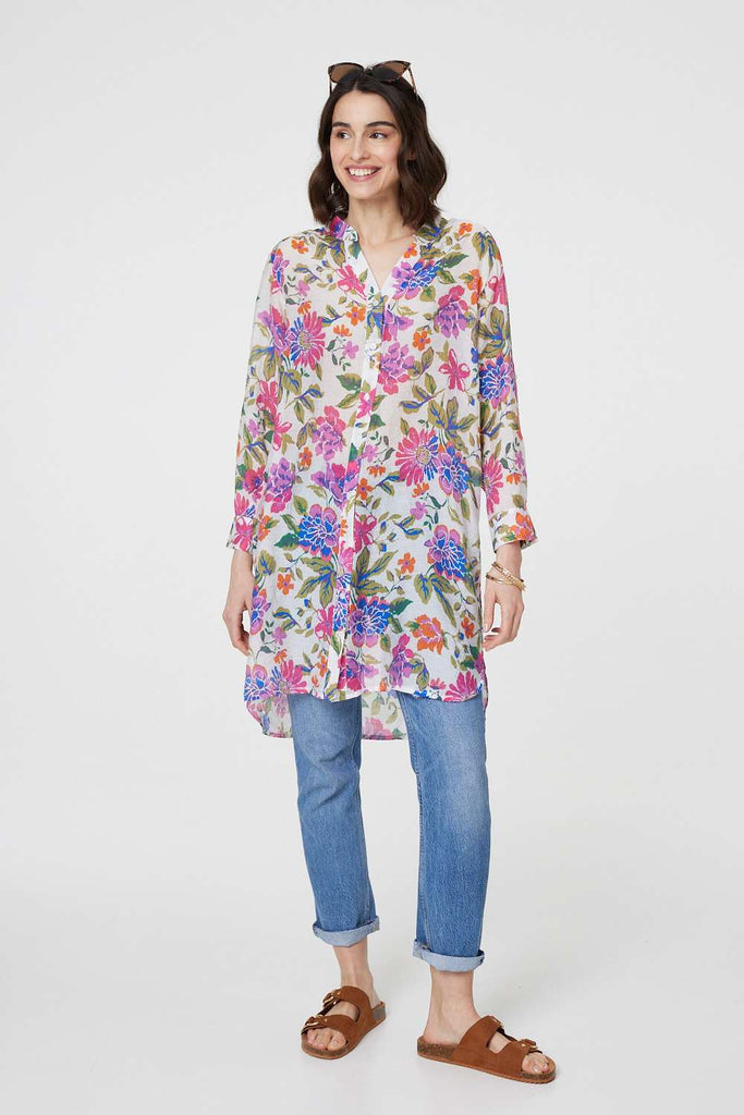 Floral Long Sleeve Longline Blouse
