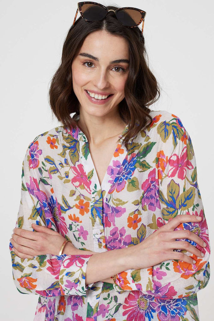 Floral Long Sleeve Longline Blouse