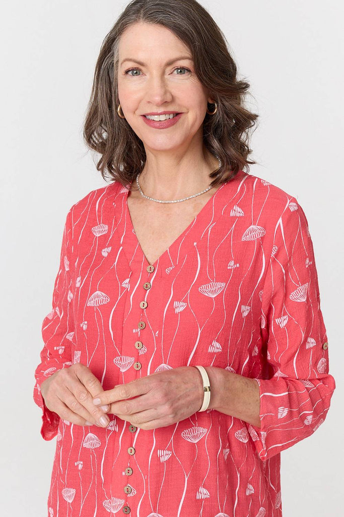 Printed Curve Hem V-Neck Tunic Blouse