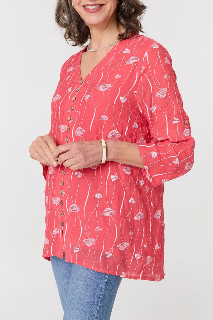 Printed Curve Hem V-Neck Tunic Blouse