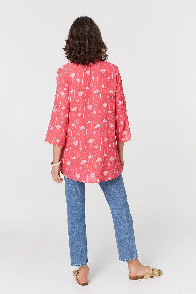 Printed Curve Hem V-Neck Tunic Blouse