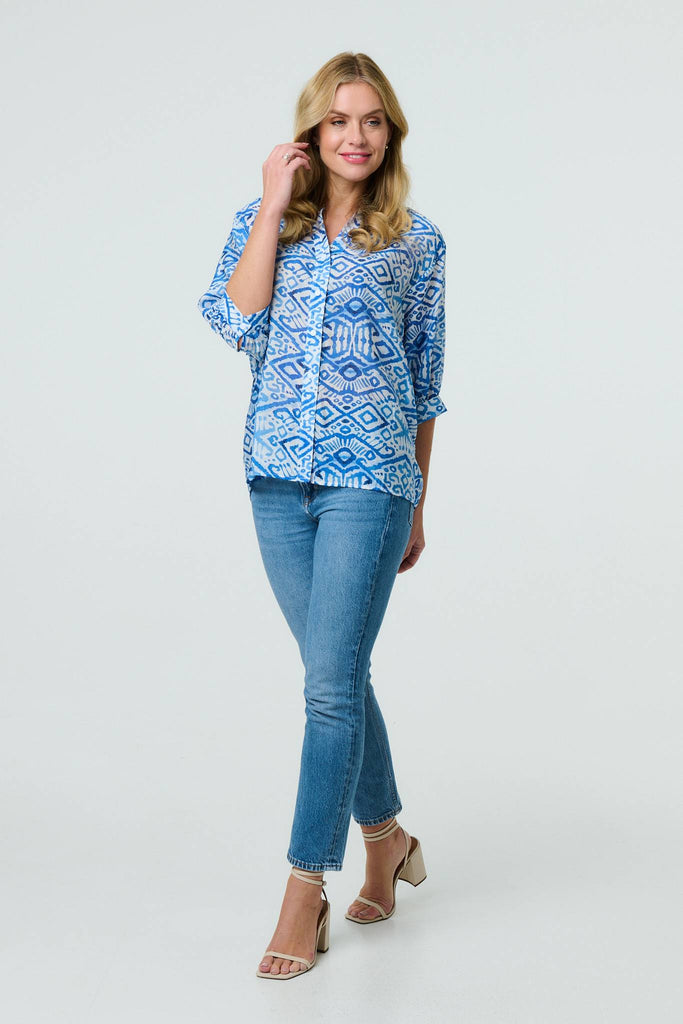 Aztec Print 3/4 Sleeve Relaxed Blouse