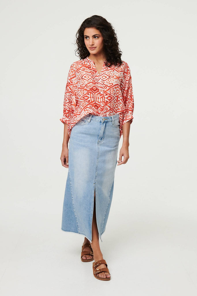 Aztec Print 3/4 Sleeve Relaxed Blouse