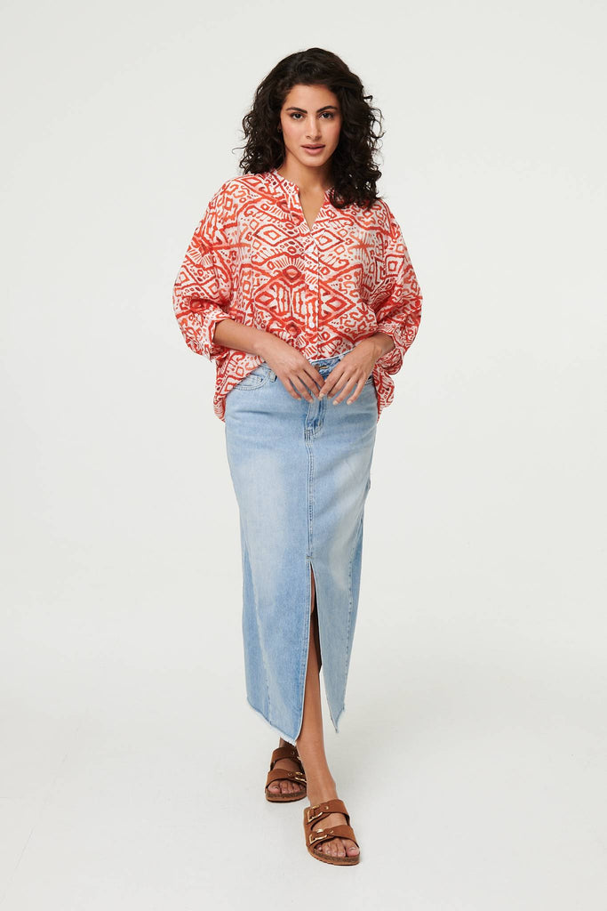 Aztec Print 3/4 Sleeve Relaxed Blouse