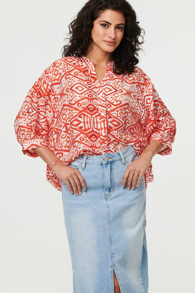 Aztec Print 3/4 Sleeve Relaxed Blouse