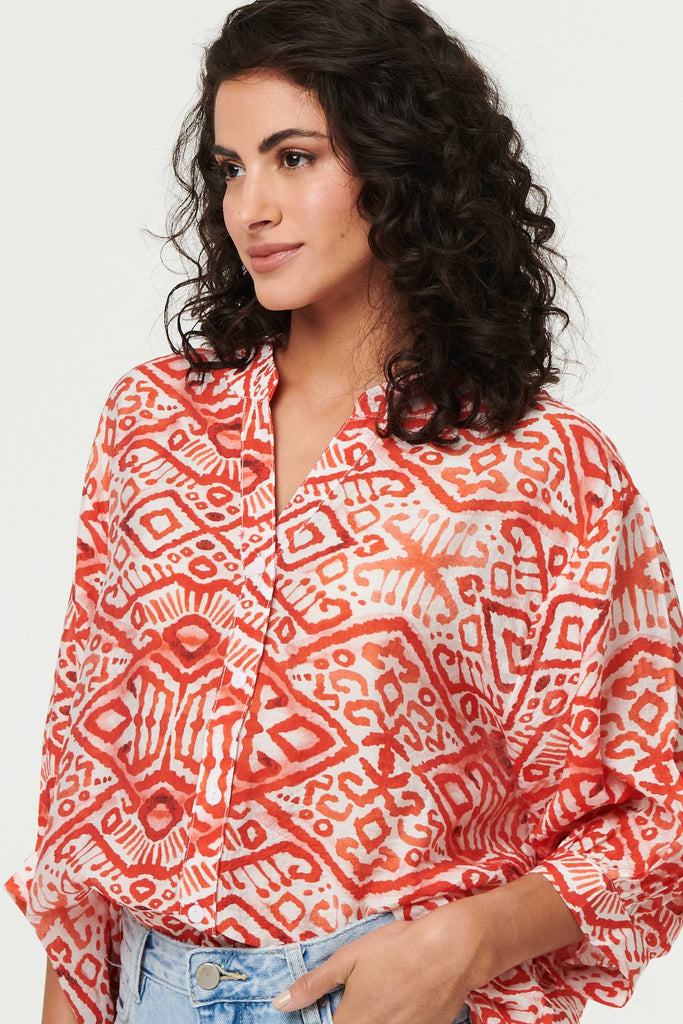 Aztec Print 3/4 Sleeve Relaxed Blouse