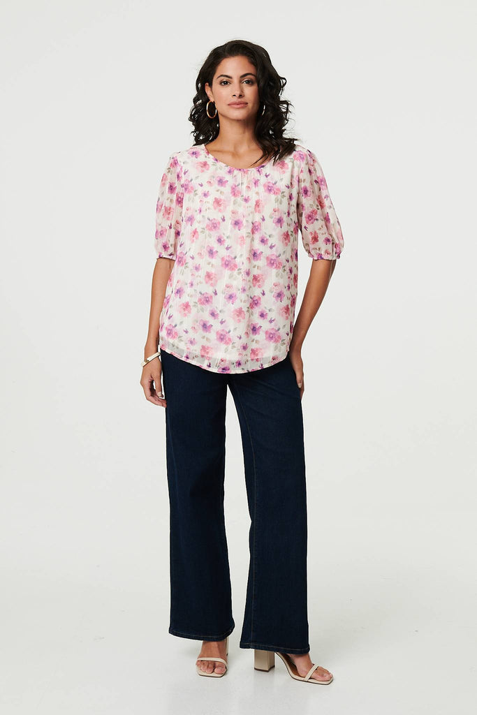 Floral 1/2 Sleeve Semi Sheer Blouse
