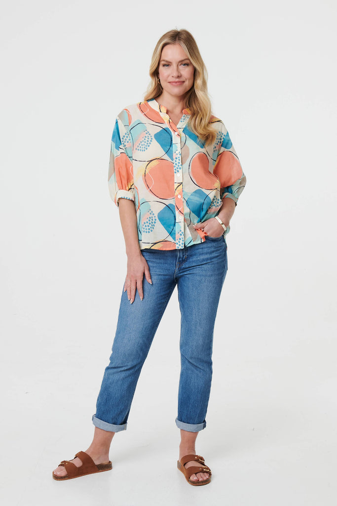 Printed 3/4 Sleeve Button-Back Blouse
