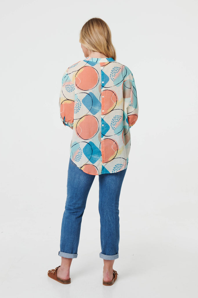 Printed 3/4 Sleeve Button-Back Blouse