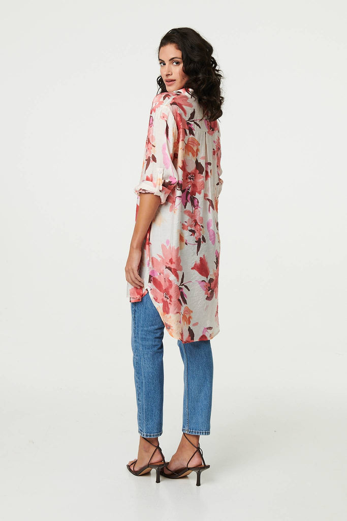 Floral Long Sleeve Longline Shirt Dress