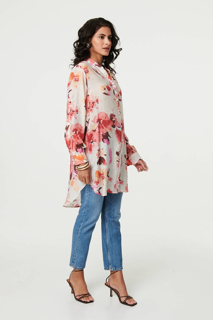Floral Long Sleeve Longline Shirt Dress