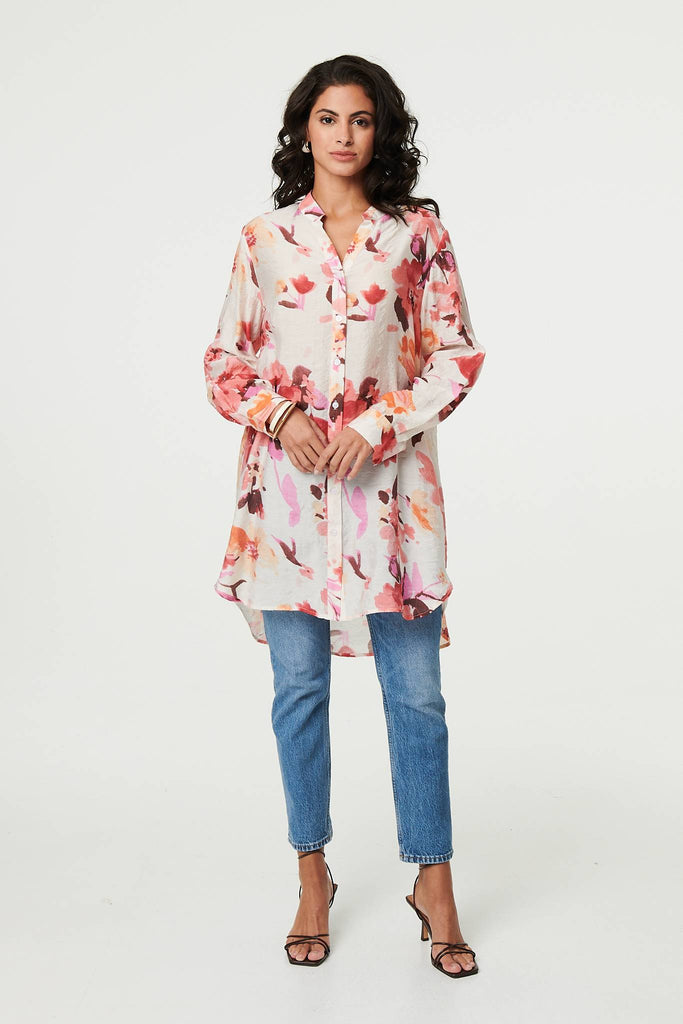 Floral Long Sleeve Longline Shirt Dress