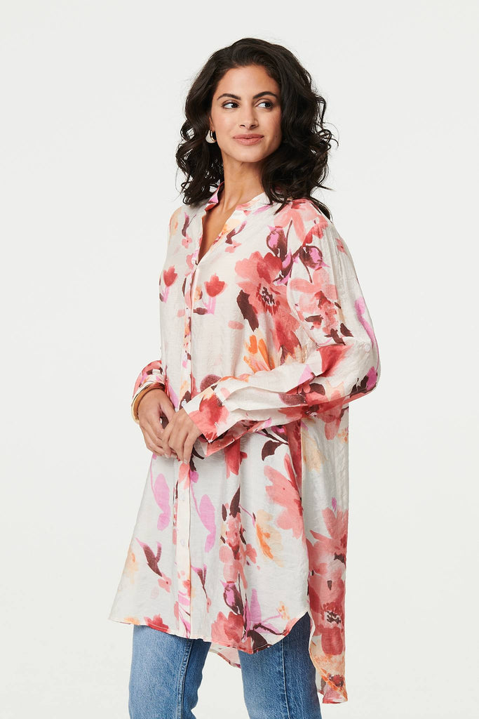 Floral Long Sleeve Longline Shirt Dress