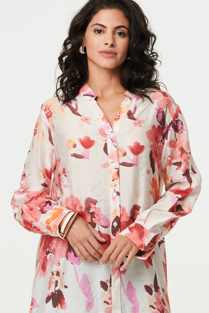 Floral Long Sleeve Longline Shirt Dress