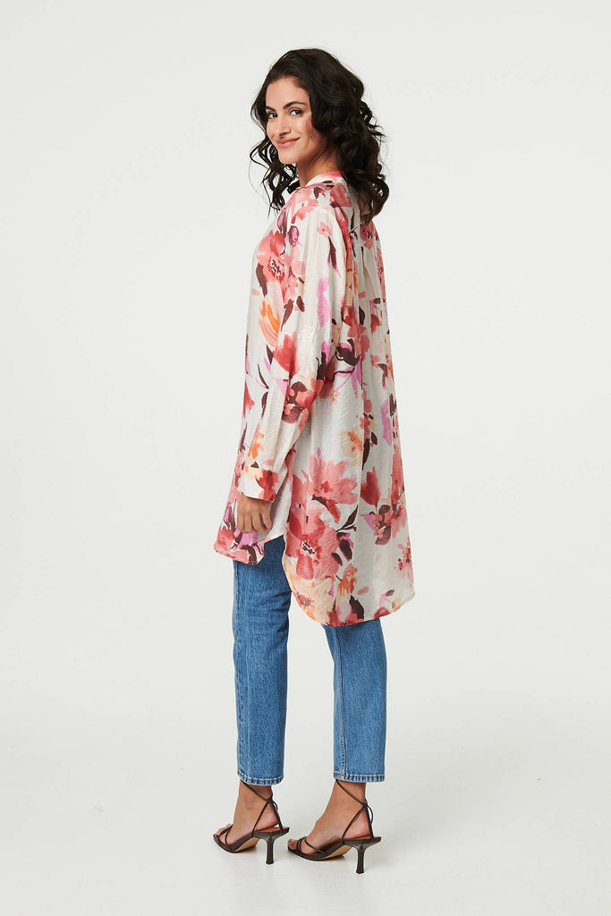 Floral Long Sleeve Longline Shirt Dress