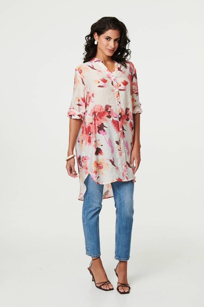 Floral Long Sleeve Longline Shirt Dress