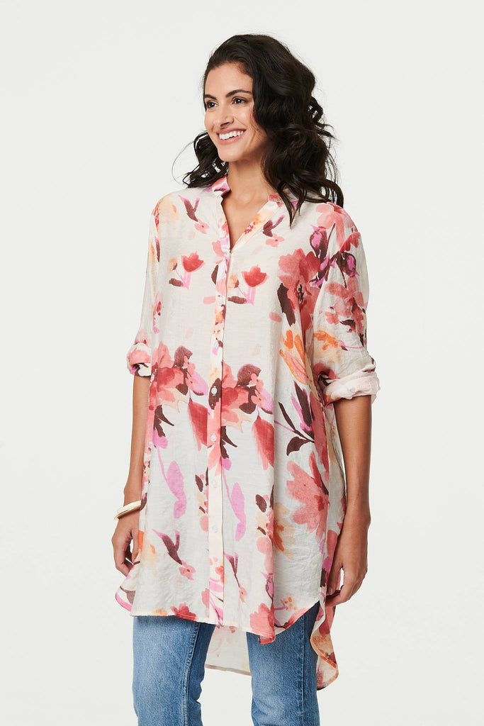 Floral Long Sleeve Longline Shirt Dress