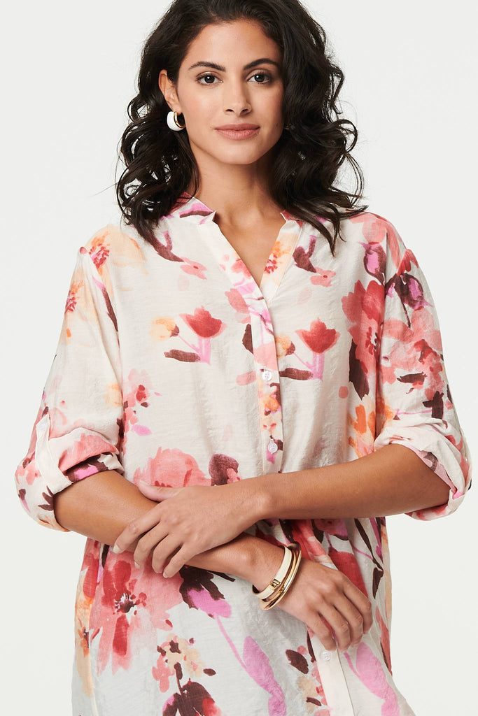 Floral Long Sleeve Longline Shirt Dress