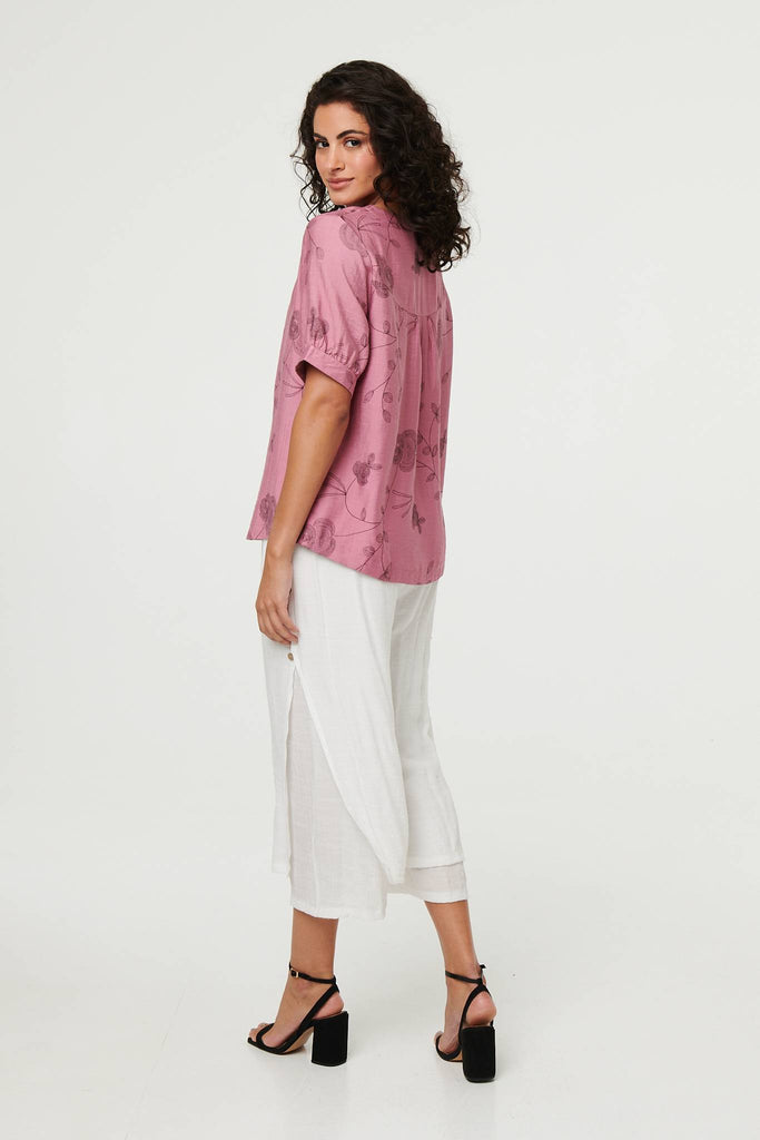 Floral Short Puff Sleeve Blouse Top
