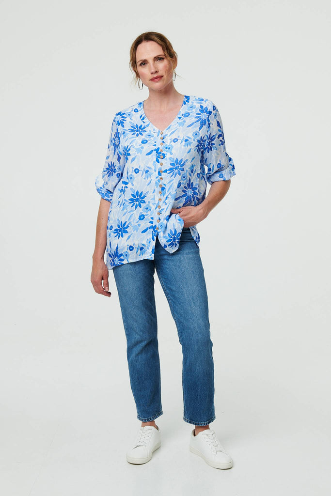 Floral Button Front Curve Hem Tunic