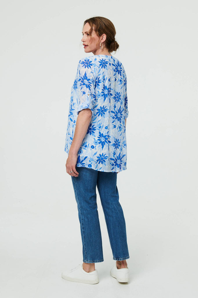 Floral Button Front Curve Hem Tunic