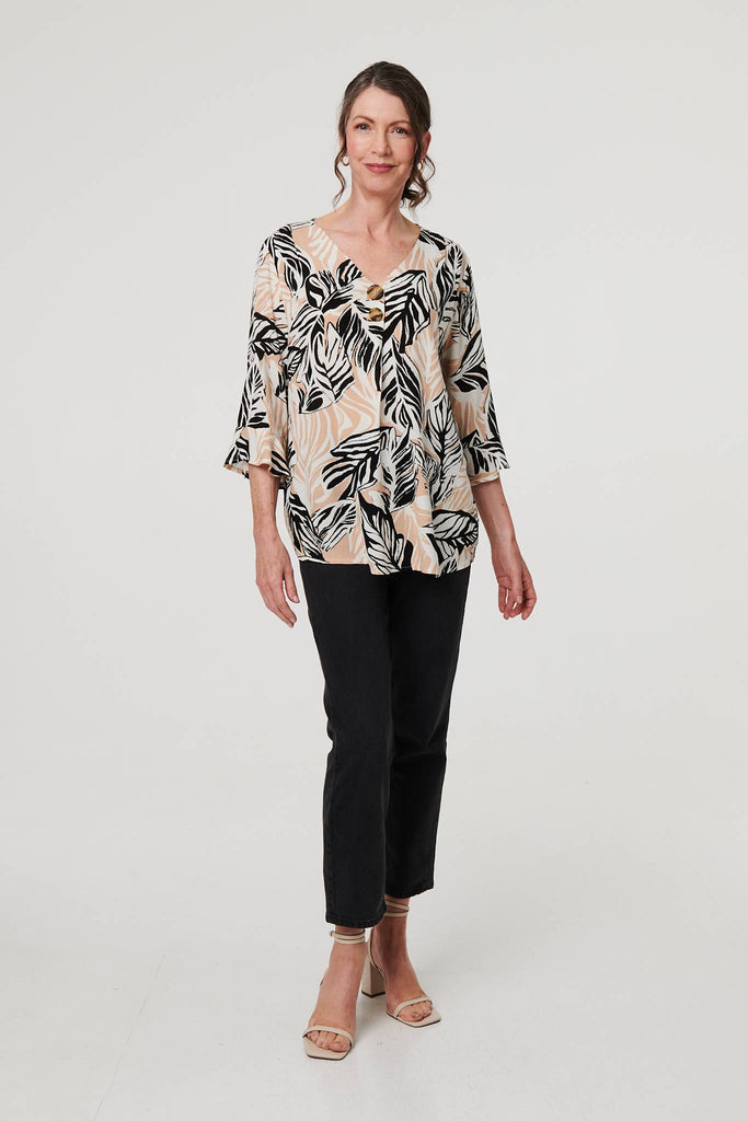 Leaf Print 3/4 Sleeve Button Trim Blouse