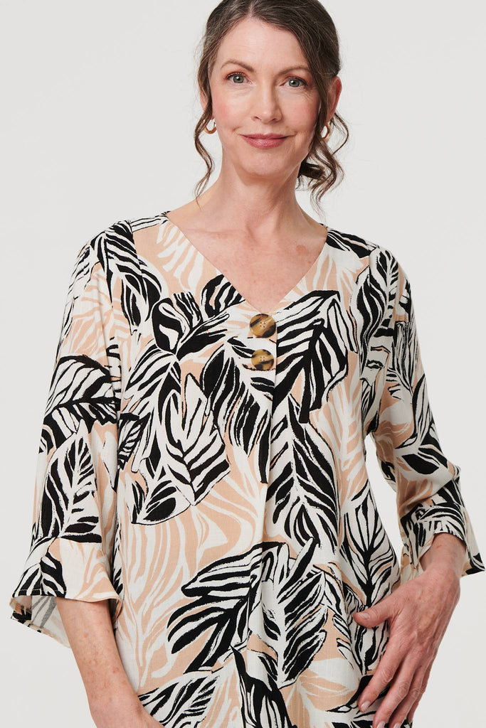 Leaf Print 3/4 Sleeve Button Trim Blouse