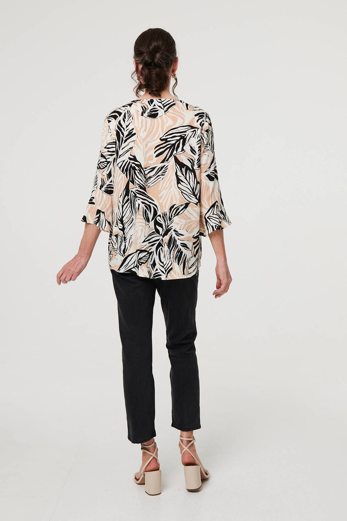 Leaf Print 3/4 Sleeve Button Trim Blouse