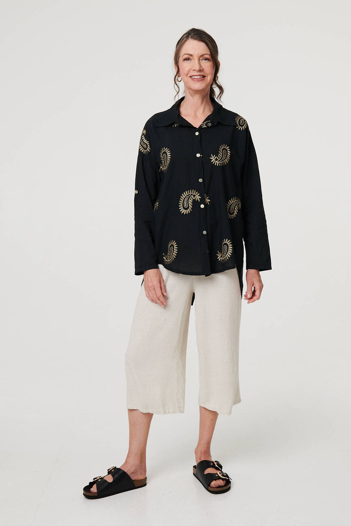 Embroidered 3/4 Turn-Up Sleeve Shirt
