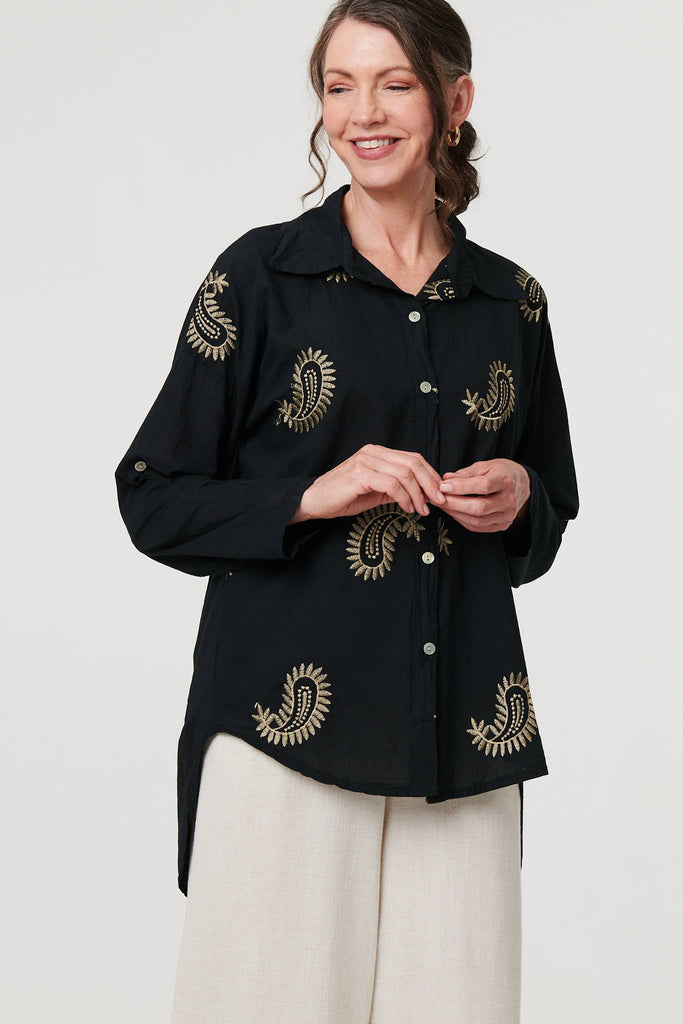 Embroidered 3/4 Turn-Up Sleeve Shirt