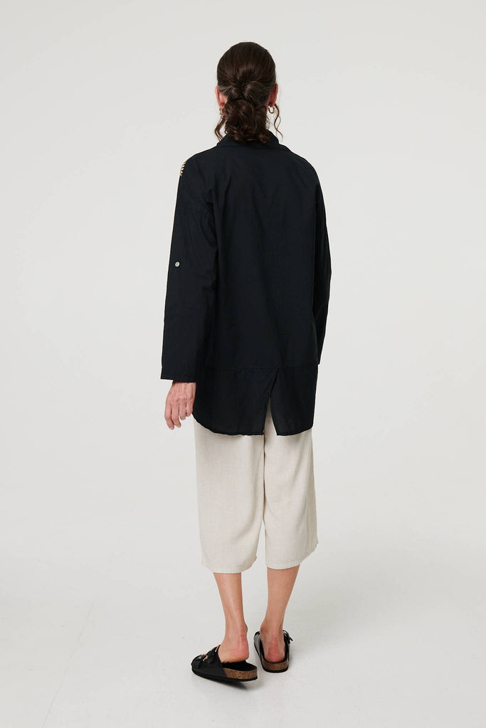 Embroidered 3/4 Turn-Up Sleeve Shirt