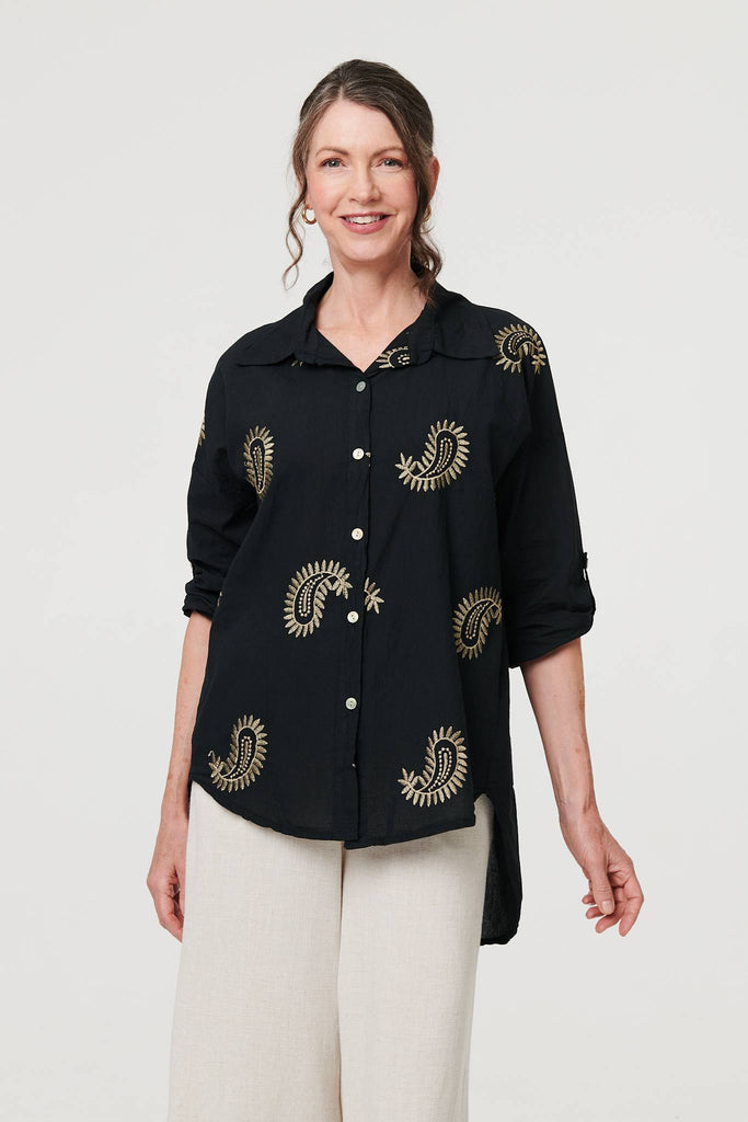 Embroidered 3/4 Turn-Up Sleeve Shirt