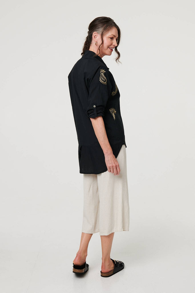 Embroidered 3/4 Turn-Up Sleeve Shirt