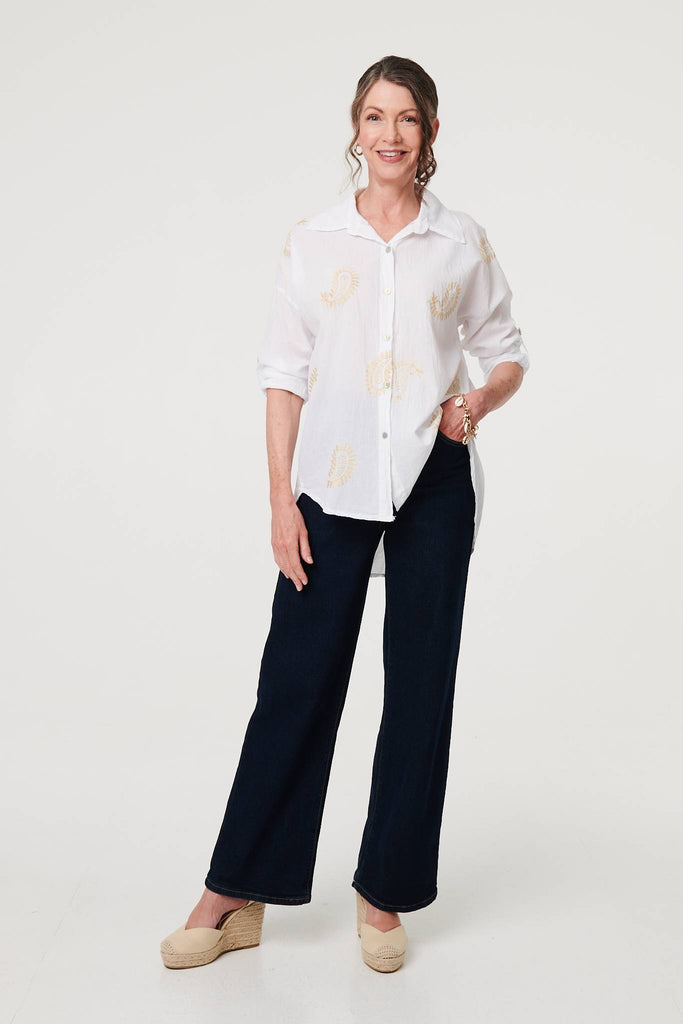 Embroidered 3/4 Turn-Up Sleeve Shirt