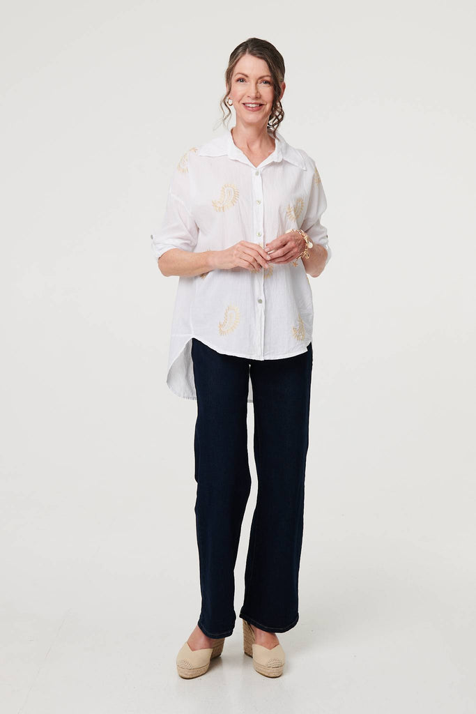 Embroidered 3/4 Turn-Up Sleeve Shirt